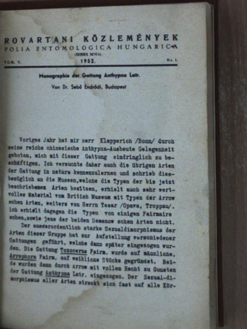 Dr. Endrődi Sebő - Rovartani Közlemények 1952/1-8. [antikvár]