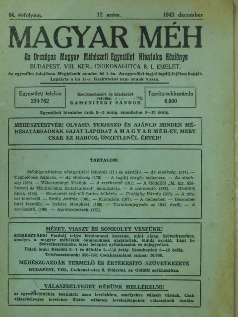 Csajághy Károly - Magyar Méh 1943. december [antikvár]