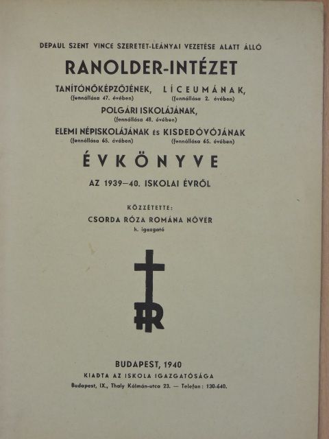Ranolder-Intézet Évkönyve az 1939-40. iskolai évről [antikvár]