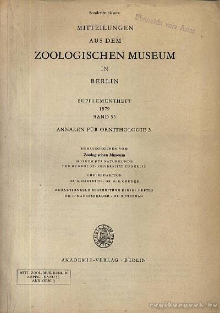 Mitteilungen aus dem Zoologischen Museum in Berlin Band 55 Annalen für Ornithologie 3 (A Berlini Állattani Intézet kiaványa, 55. évf., 3. szám) [antikvár]