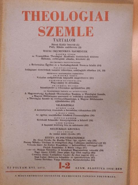 Bartha Tibor - Theologiai Szemle 1973. január-február [antikvár]