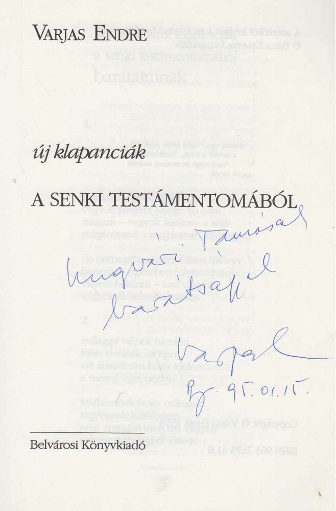 Varjas Endre - Új klapanciák a senki testámentomából (dedikált) [antikvár]