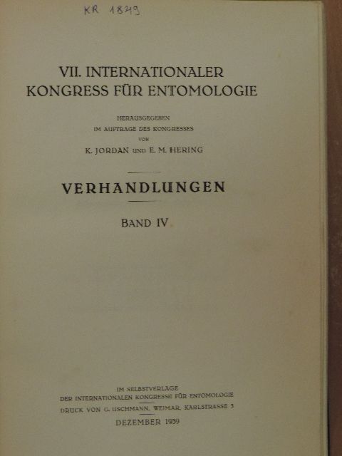Carl Börner - VII. Internationaler Kongress für Entomologie IV. [antikvár]