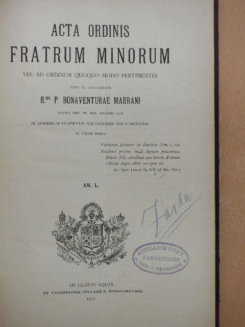 Acta Ordinis Fratrum Minorum Ianuarii-Decembris 1931 [antikvár]