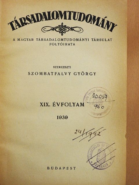 Balás Károly - Társadalomtudomány 1939-1940. január-december [antikvár]