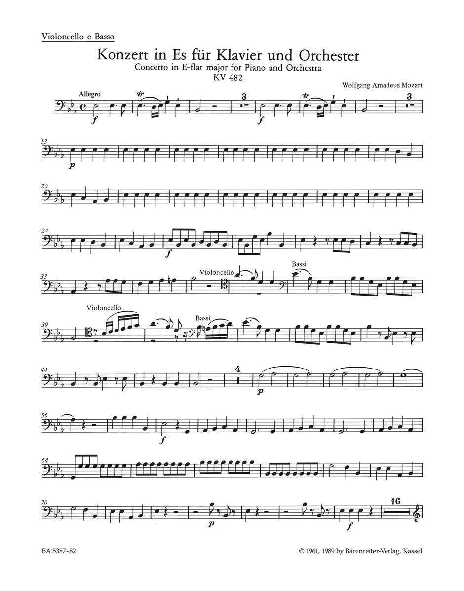 Mozart, Wolfgang Amadeus - KONZERT IN ES FÜR KLAVIER UND ORCHESTER NR.22, KV 482 - VIOLONCELLO E BASSO