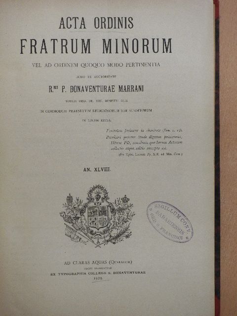 Acta Ordinis Fratrum Minorum Ianuarii-Decembris 1929 [antikvár]
