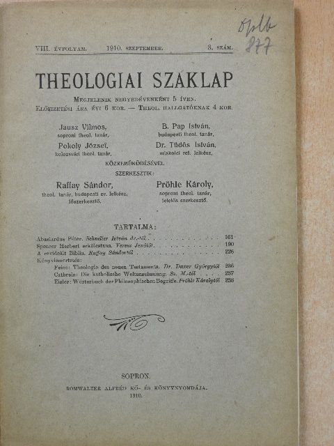 Pröhle Károly - Theologiai szaklap 1910. szeptember [antikvár]