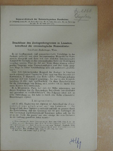 Franz Heikertinger - Beschlüsse des Zoologenkongresses in Lissabon, betreffend die entomologische Nomenklatur [antikvár]