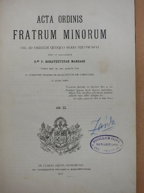 Acta Ordinis Fratrum Minorum Ianuarii-Decembris 1932 [antikvár]
