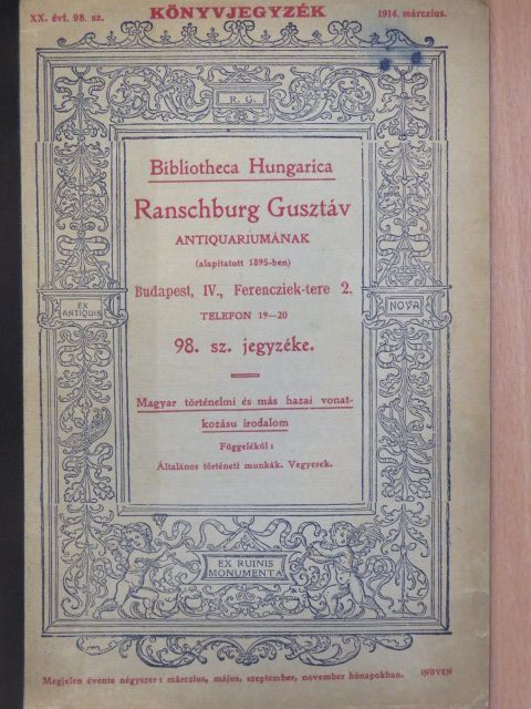 Ranschburg Gusztáv antiquariumának 98. számú jegyzéke [antikvár]
