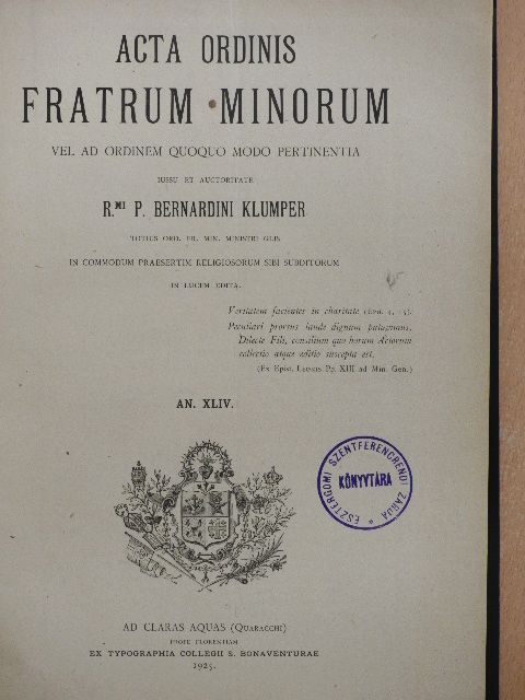 Acta Ordinis Fratrum Minorum 1925 (nem teljes évfolyam) [antikvár]