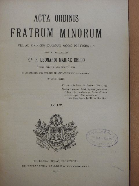 Acta Ordinis Fratrum Minorum Ianuarii-Decembris 1935 [antikvár]