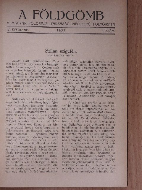 Baktay Ervin - A Földgömb 1933. január-december [antikvár]