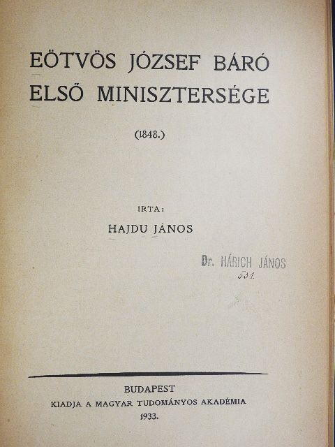 Hajdu János - Eötvös József báró első minisztersége [antikvár]