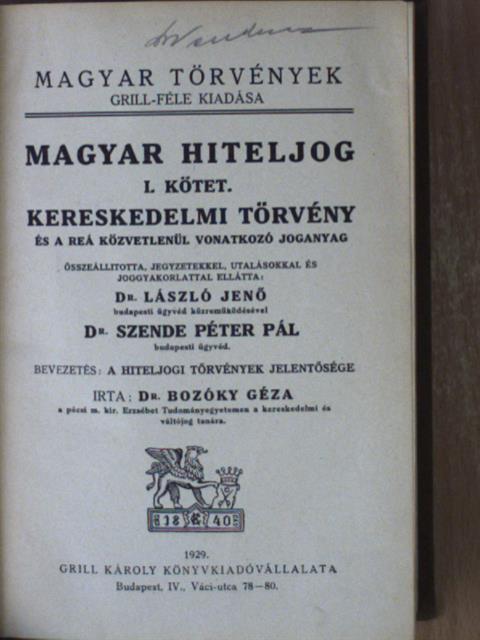 Dr. Bozóky Géza - Magyar hiteljog I. [antikvár]