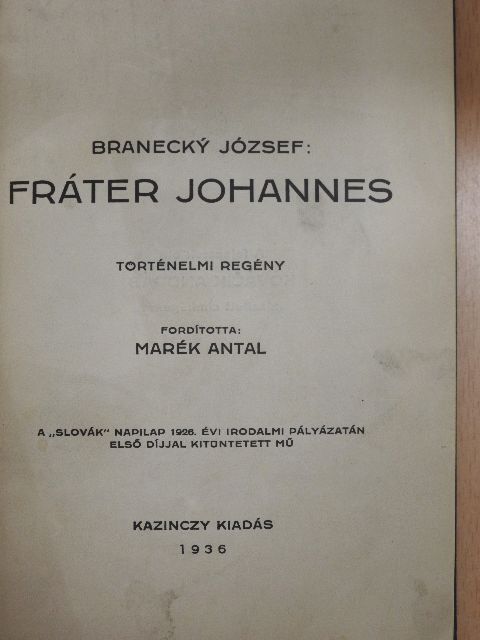 Branecky József - Fráter Johannes [antikvár]