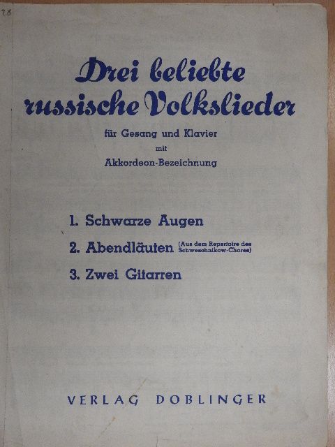 Drei beliebte russische Volkslieder für Gesang und Klavier mit Akkordeon-Bezeichnung [antikvár]