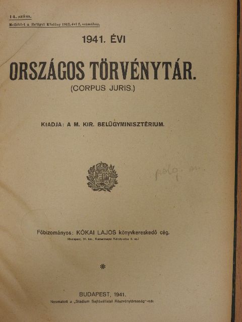 1941. évi Országos Törvénytár január-december [antikvár]