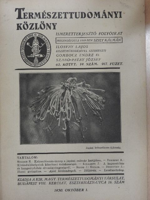 Bernátsky J. - Természettudományi Közlöny 1930. október 1. [antikvár]