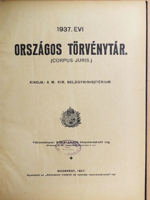 1937. évi Országos Törvénytár  [antikvár]