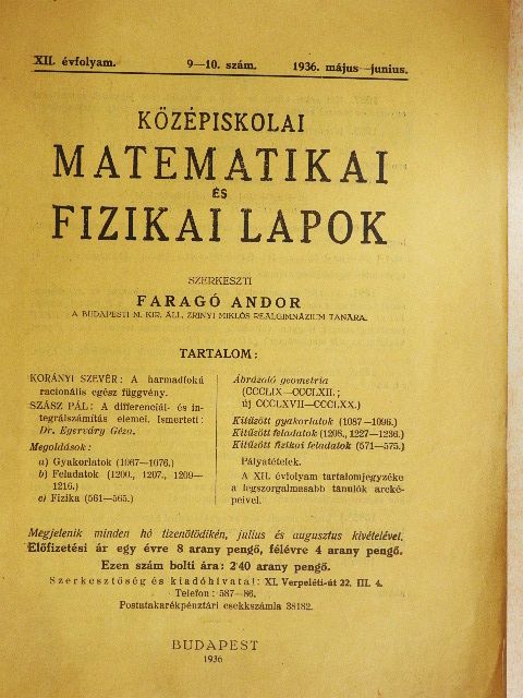 Korányi Szevér - Középiskolai Matematikai és Fizikai Lapok 1936. május-junius [antikvár]