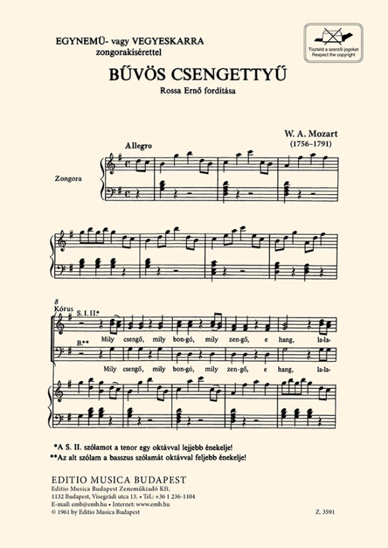 MOZART - BŰVÖS CSENGETTYŰ. EGYNEMŰ VAGY VEGYES KARRA