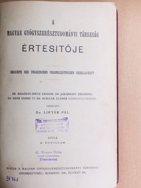 Dr. Barta László - A Magyar Gyógyszerésztudományi Társaság Értesitője 1934 [antikvár]