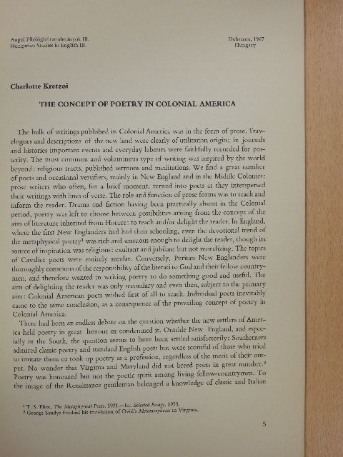 Charlotte Kretzoi - The concept of poetry in Colonial America (dedikált példány) [antikvár]