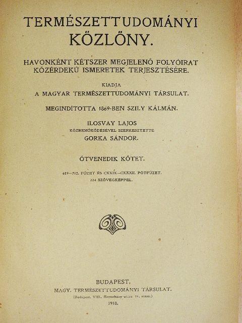 Andriska Viktor - Természettudományi Közlöny 1918. január-december/Pótfüzetek a Természettudományi Közlönyhöz 1918. január-december [antikvár]