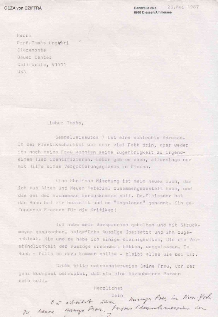 Géza von Cziffra - Géza von Cziffra gépelt levele Ungvári Tamáshoz [antikvár]