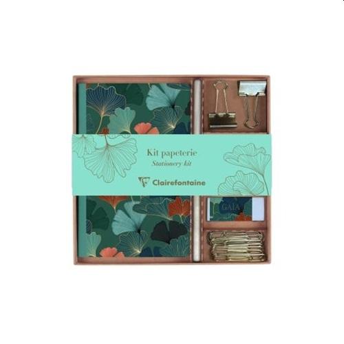 P0130-0431 - Kollekció Clairefontaine Gaia kék jegyzetfüzet, ceruza, binder csipesz, kapocs, radír