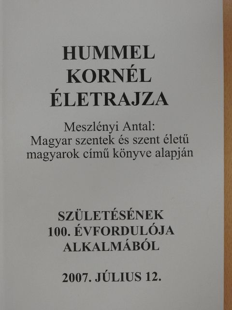 Hummel Kornél életrajza [antikvár]