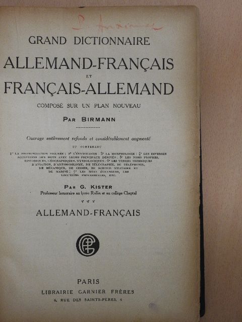 Birmann - Grand Dictionnaire Allemand-Francais et Francais-Allemand [antikvár]