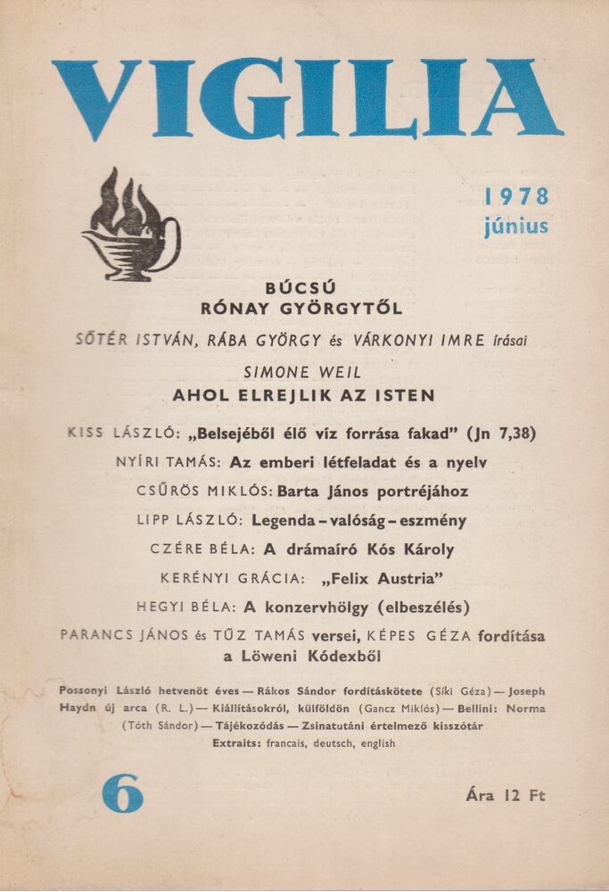 RÓNAY GYÖRGY - Vigilia 1978. 43. évf. 6. szám [antikvár]
