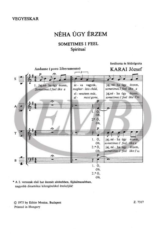 KARAI JÓZSEF - NÉHA ÚGY ÉRZEM SPIRITUAL VEGYESKARRA