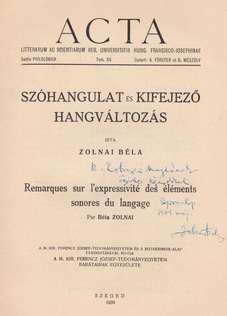 Zolnai Béla - Szóhangulat és kifejező hangváltozás (dedikált) [antikvár]