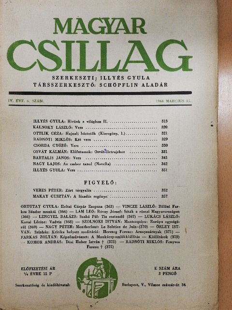 Bartalis János - Magyar Csillag 1944. március 15. [antikvár]