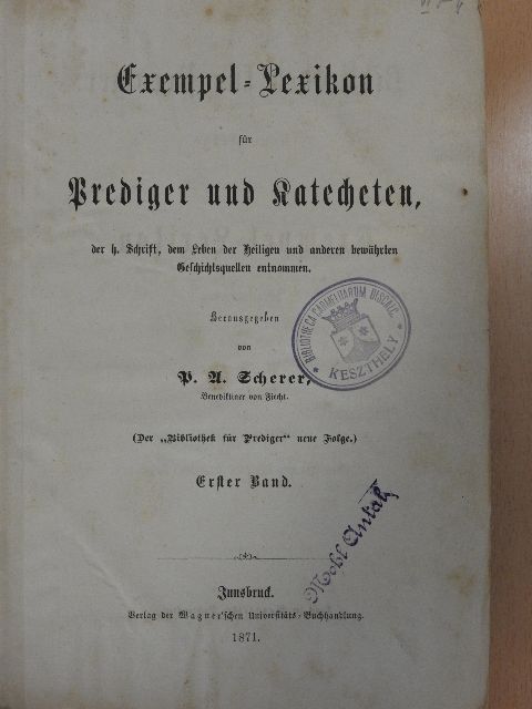 P. A. Scherer - Exempel-Lexikon für Prediger und Katecheten I. (gótbetűs)(rossz állapotú) [antikvár]