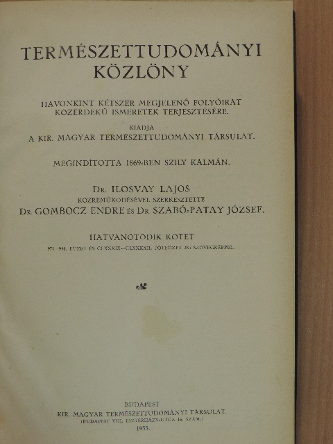 Bábonyi E. - Természettudományi Közlöny 1933. január-december/Pótfüzetek a Természettudományi Közlönyhöz 1933. január-december [antikvár]