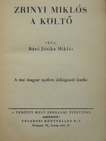 Báró Jósika Miklós - Zrinyi Miklós a költő [antikvár]