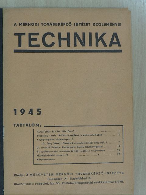 Dr. Jáky József - Technika 1945/1. [antikvár]