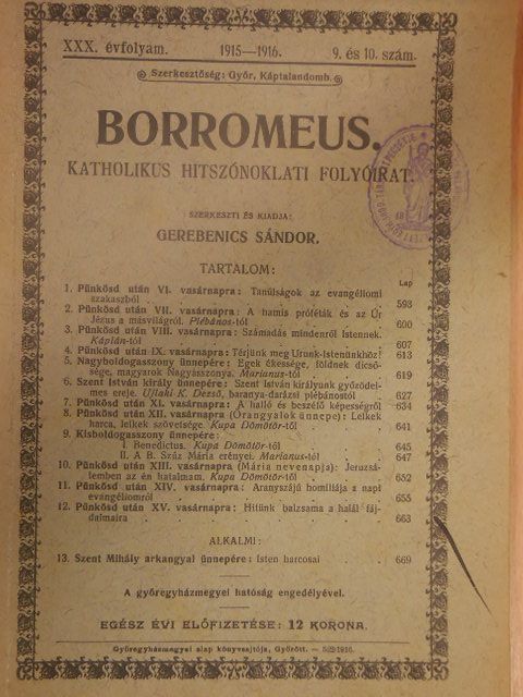 Kupa Dömötör - Borromeus 1915-1916/9-10. [antikvár]