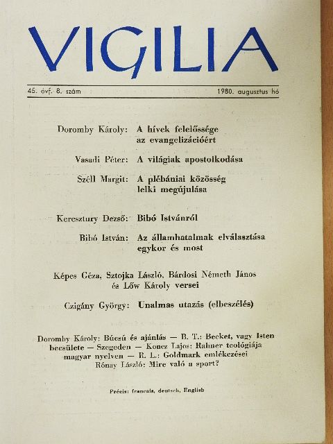 Bárdosi Németh János - Vigilia 1980. augusztus [antikvár]
