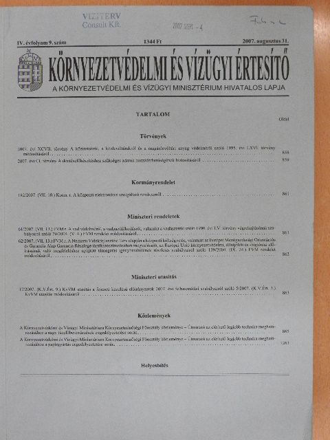 Környezetvédelmi és Vízügyi értesítő 2007. augusztus 31. [antikvár]