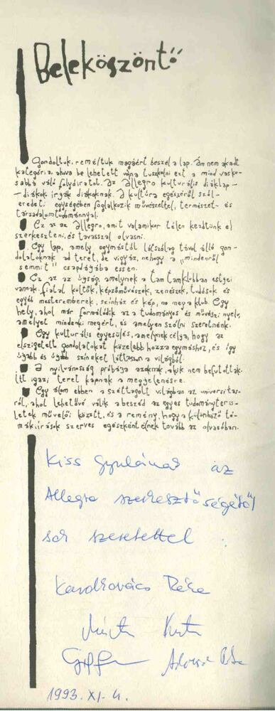 Adorján Péter, Kardkovács Réka, Márton Kriszta, Aczél Eszter - Allegro '93. október (dedikált) [antikvár]