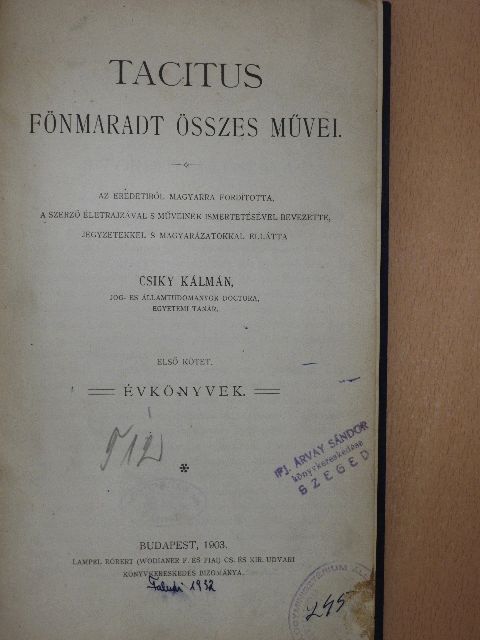 Tacitus - Tacitus fönmaradt összes művei I. [antikvár]