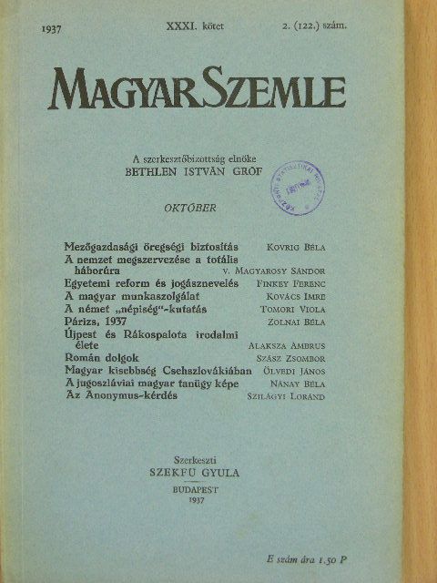 Alaksza Ambrus - Magyar Szemle 1937. október [antikvár]