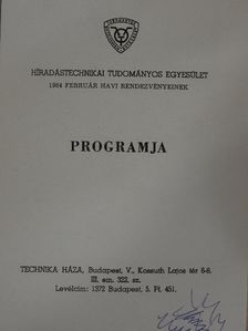 Híradástechnikai Tudományos Egyesület 1984 február havi rendezvényeinek programja [antikvár]