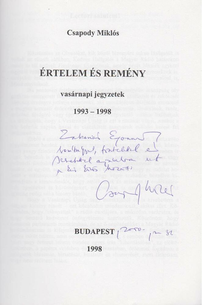 Csapody Miklós - Értelem és remény (dedikált) [antikvár]
